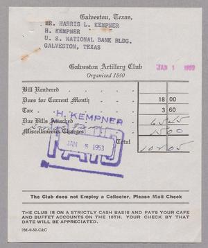 [Monthly Bill for Galveston Artillery Club: January 1953]