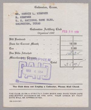 [Monthly Bill for Galveston Artillery Club: February 1953]