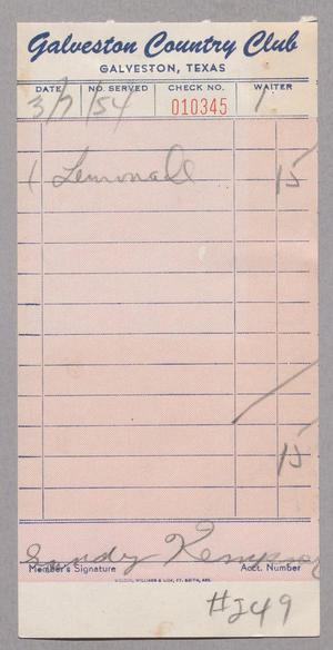 [Restaurant Bill from Galveston Artillery Club, March 7, 1954]