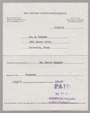 [Invoice for Galveston Anesthesiologists, July 21, 1955]