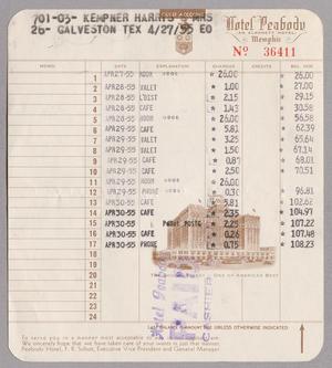 [Itemized Invoice for Hotel Peabody: April 1955]