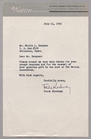 Primary view of object titled '[Letter from Freda Kirchwey to Harris L. Kempner, July 11, 1955]'.