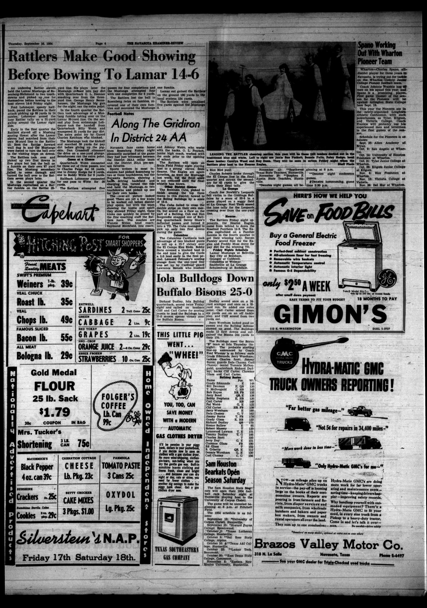 The Navasota Examiner and Grimes County Review (Navasota, Tex.), Vol. 59, No. 52, Ed. 1 Thursday, September 16, 1954
                                                
                                                    [Sequence #]: 4 of 12
                                                