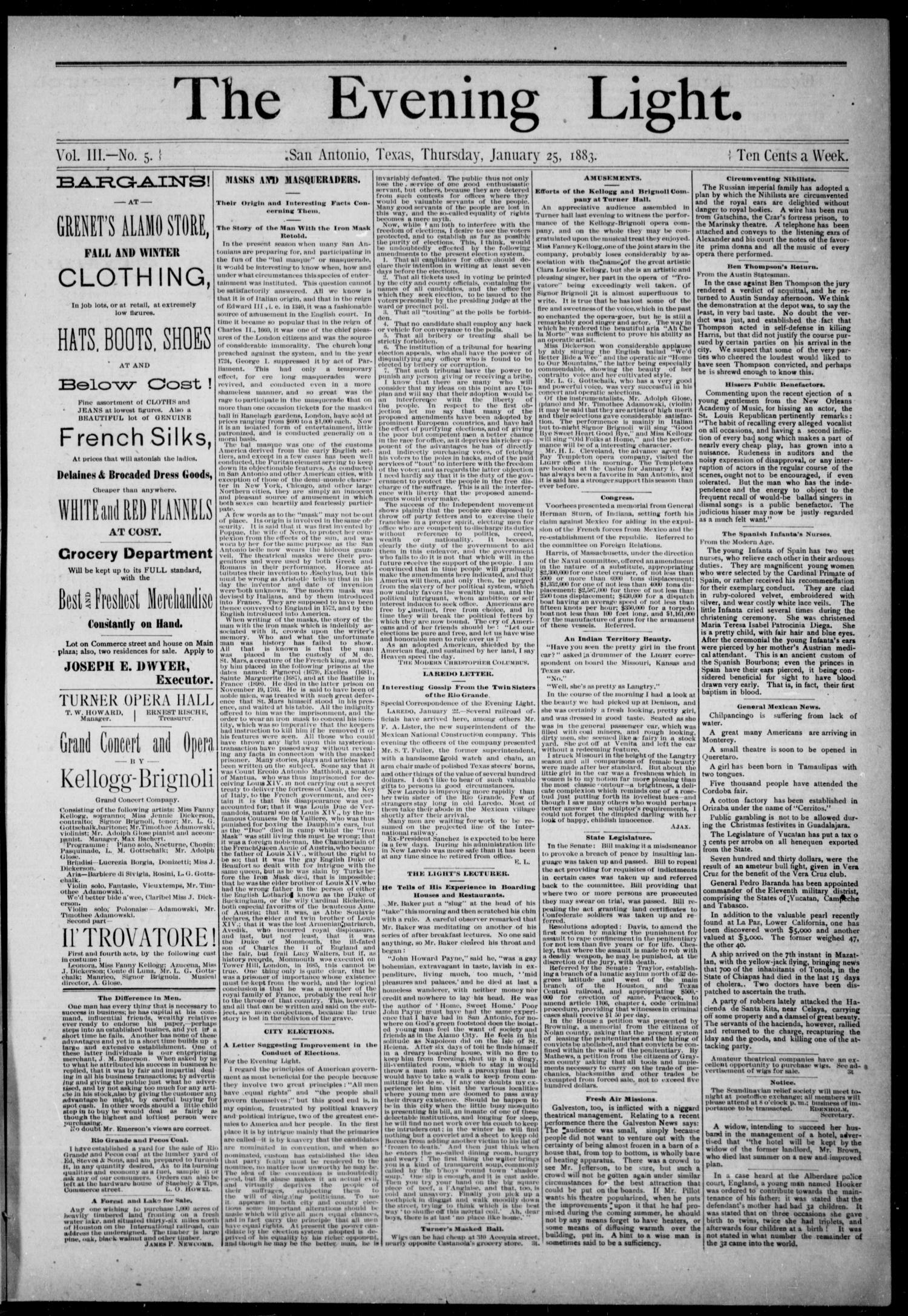 The Evening Light (San Antonio, Tex.), Vol. 3, No. 5, Ed. 1, Thursday,  January 25, 1883 - The Portal to Texas History