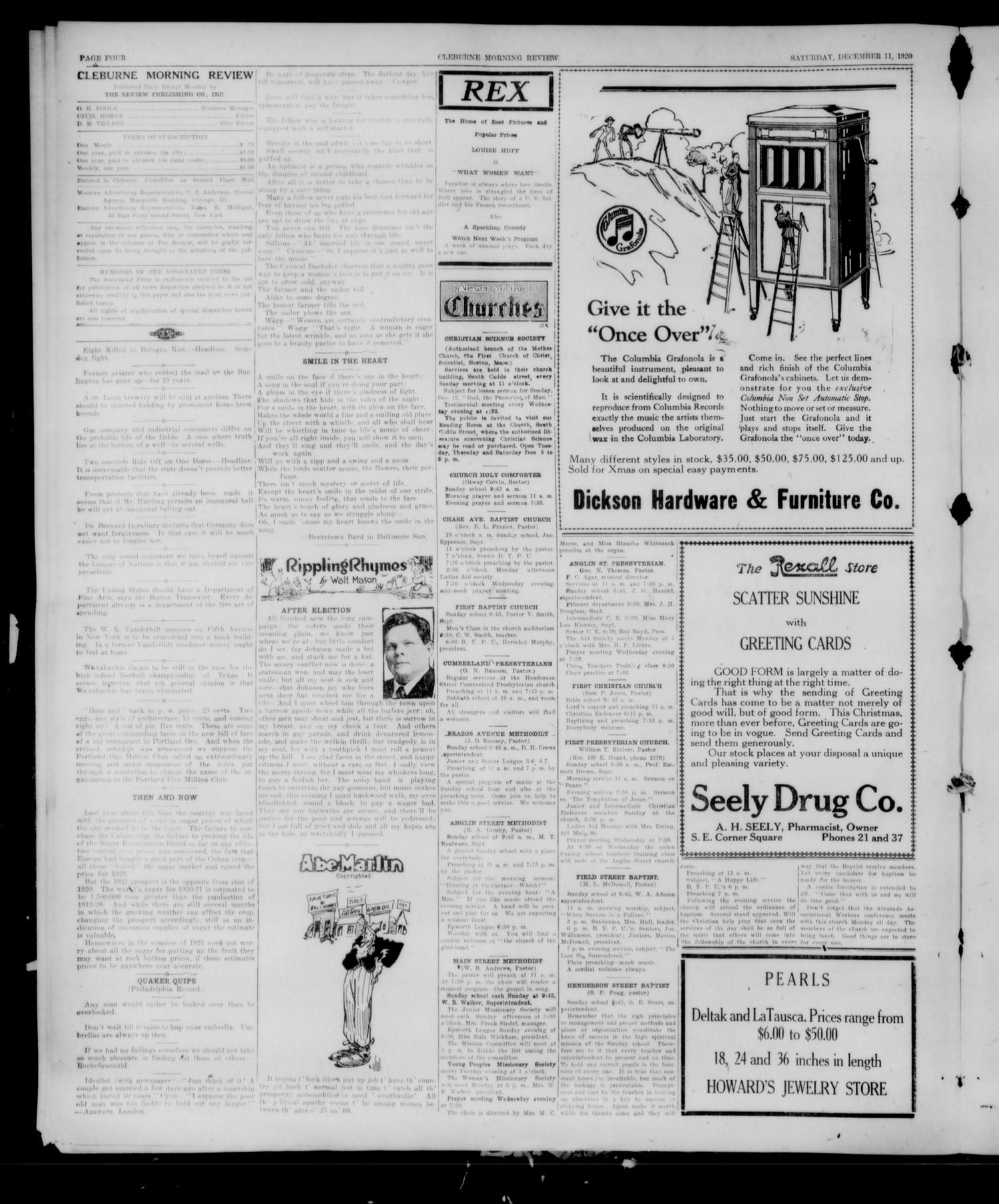 Cleburne Morning Review (Cleburne, Tex.), Ed. 1 Saturday, December 11, 1920
                                                
                                                    [Sequence #]: 4 of 10
                                                