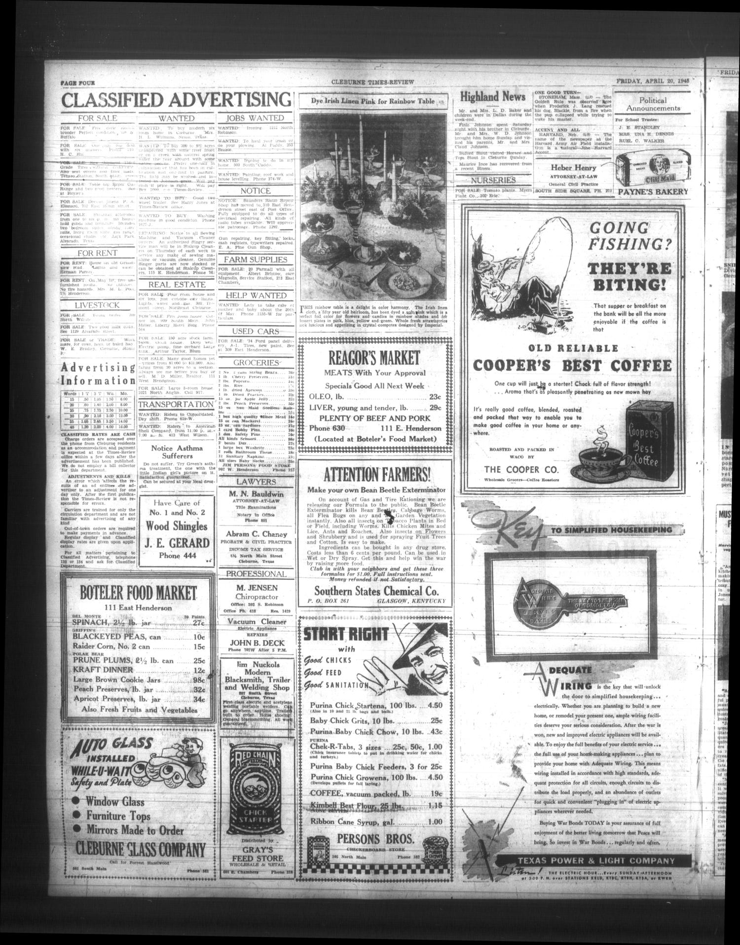 Cleburne Times-Review (Cleburne, Tex.), Vol. 40, No. 125, Ed. 1 Friday, April 20, 1945
                                                
                                                    [Sequence #]: 4 of 6
                                                
