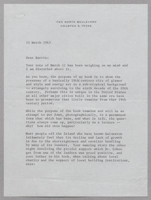 [Letter from Howard Barnstone to Harris Leon Kempner, March 14, 1963]