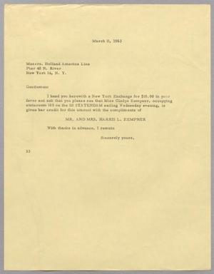 [Letter from Harris L. Kempner to Holland America Line - March 11, 1963]
