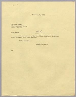 [Letter from Harris Leon Kempner to Messrs. David, February 11, 1963]