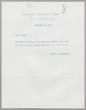 [Letter from Galveston County Club to the member, February 20, 1963]