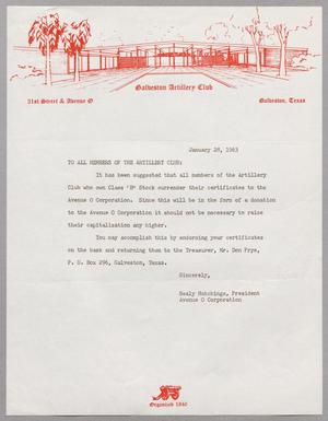 [Letter from Galveston Artillery Club to all members, January 28, 1963]