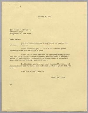 [Letter from Harris L. Kempner to Vassar College Directress of Admissions - January 14, 1963]
