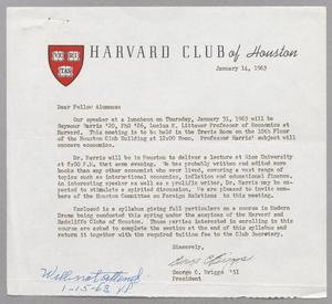 [Letter from the Harvard Club of Houston, January 14, 1963]