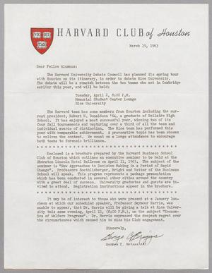 [Letter from the Harvard Club of Houston, March 19, 1963]