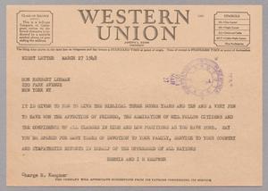 [Telegram from Henrietta and Isaac H. Kempner to Hon Herbert Lehman, March 27, 1948]