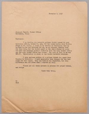 [Letter from Isaac H. Kempner to the Missouri Pacific Ticket Office, November 8, 1948]