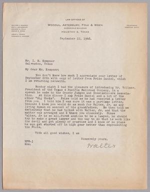 [Letter from Walter F. Woodul to I. H. Kempner, September 22, 1948]