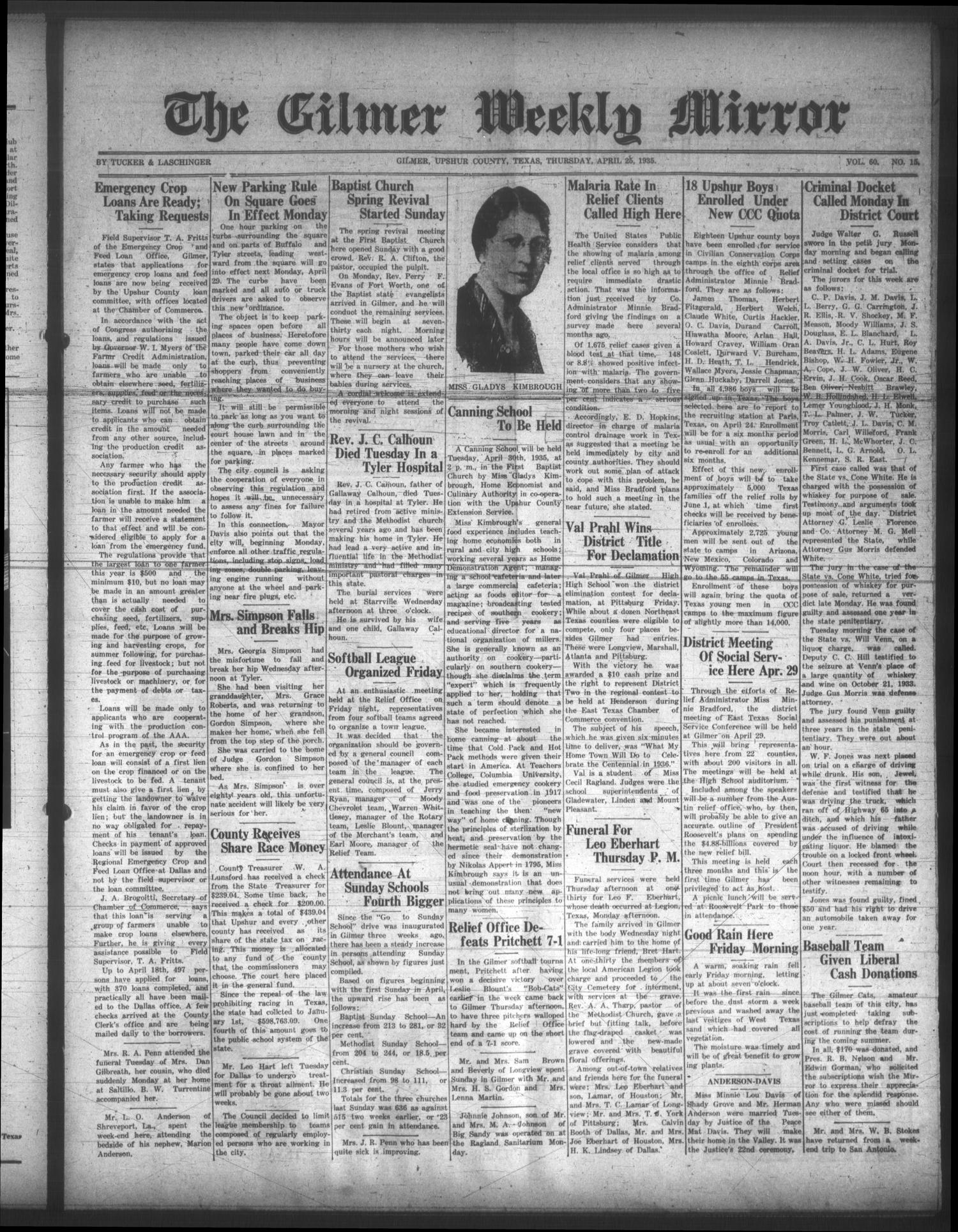 The Gilmer Weekly Mirror (Gilmer, Tex.), Vol. 60, No. 15, Ed. 1 Thursday, April 25, 1935
                                                
                                                    [Sequence #]: 1 of 6
                                                