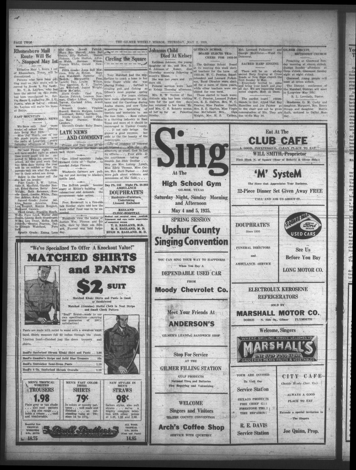 The Gilmer Weekly Mirror (Gilmer, Tex.), Vol. 60, No. 16, Ed. 1 Thursday, May 2, 1935
                                                
                                                    [Sequence #]: 2 of 6
                                                