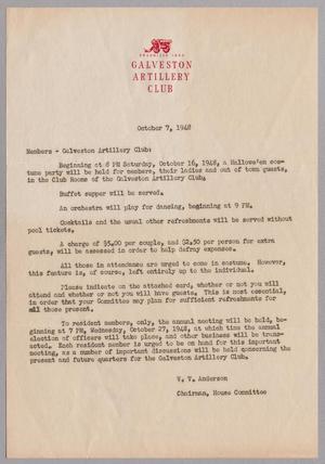 [Letter from the Galveston Artillery Club, October 7, 1948]