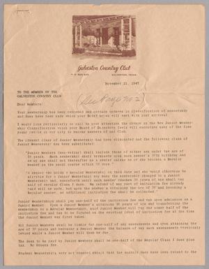 [Letter from Galveston Country Club, November 21, 1947]