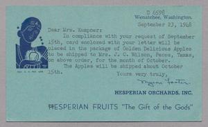 [Postal Card From Myron Foster to Henrietta Leonora Kempner, September 23, 1948]