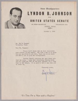[Letter from Lyndon B. Johnson to Isaac H. Kempner, October 2, 1948]