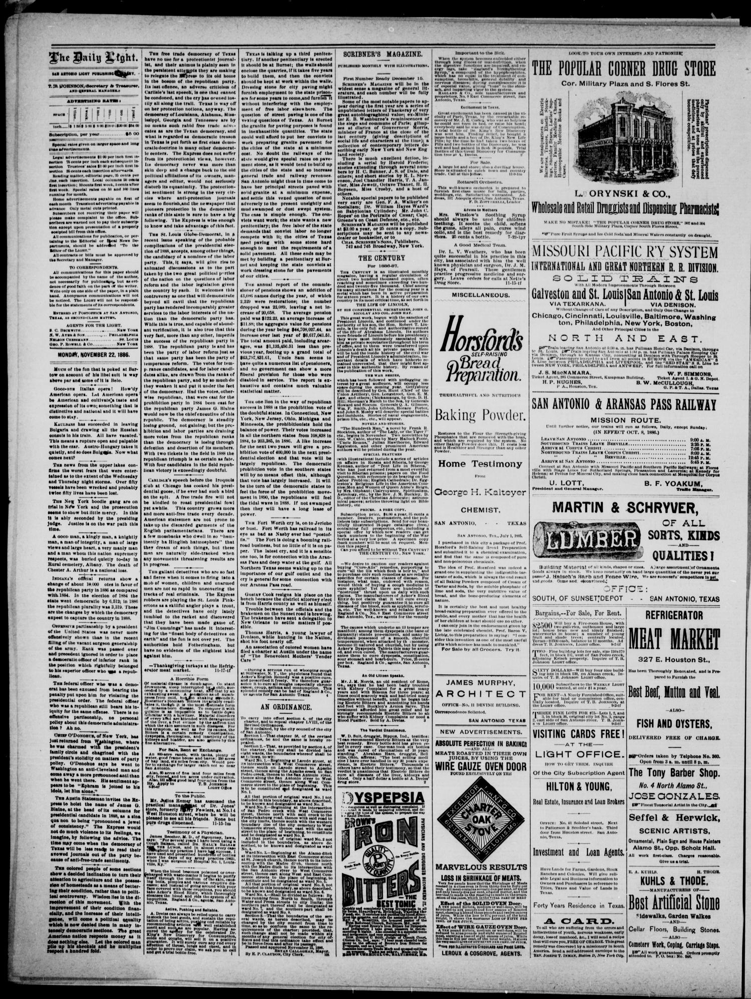 San Antonio Daily Light (San Antonio, Tex.), Vol. 6, No. 343, Ed. 1, Monday, November 22, 1886
                                                
                                                    [Sequence #]: 2 of 4
                                                