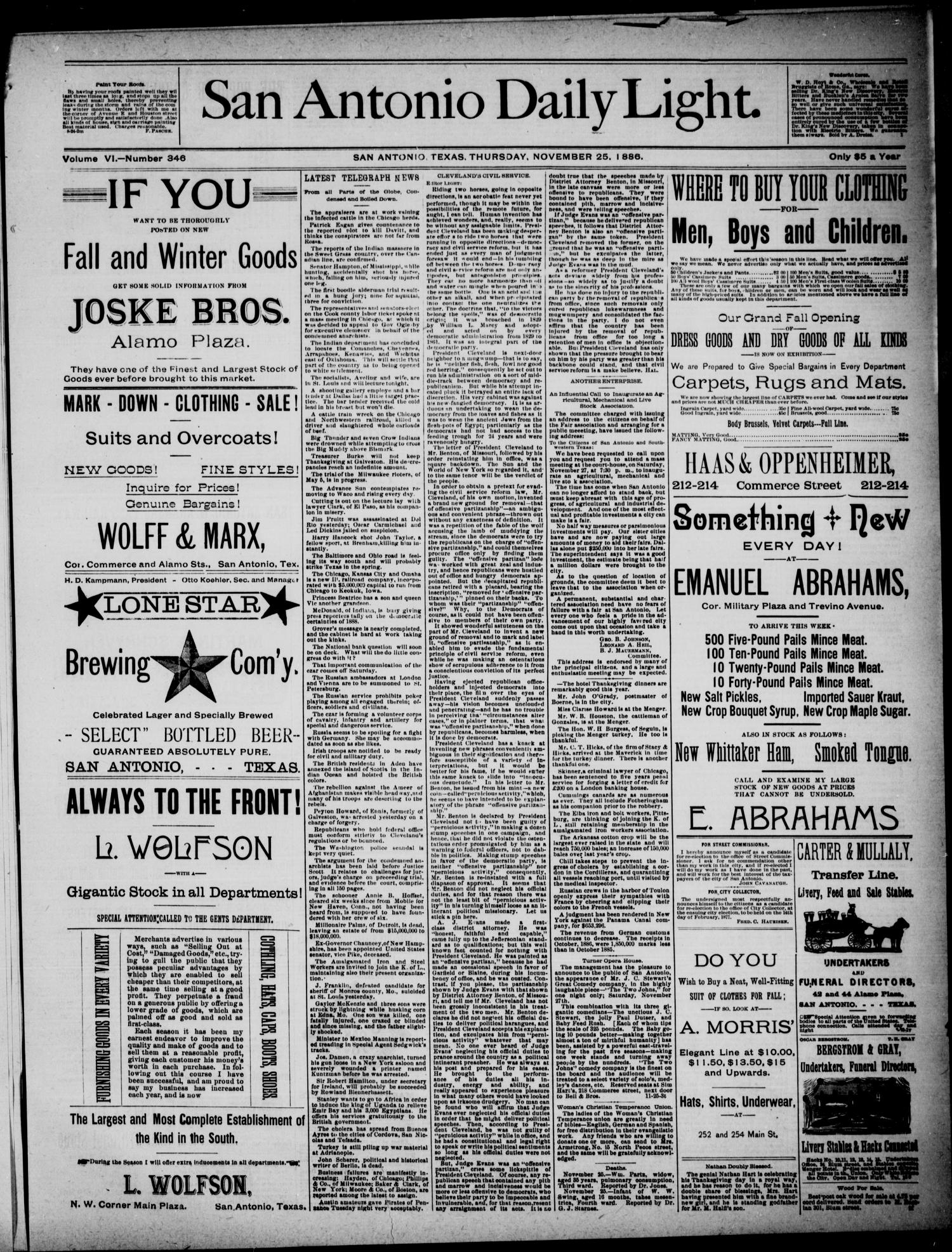San Antonio Daily Light (San Antonio, Tex.), Vol. 6, No. 346, Ed. 1, Thursday, November 25, 1886
                                                
                                                    [Sequence #]: 1 of 4
                                                