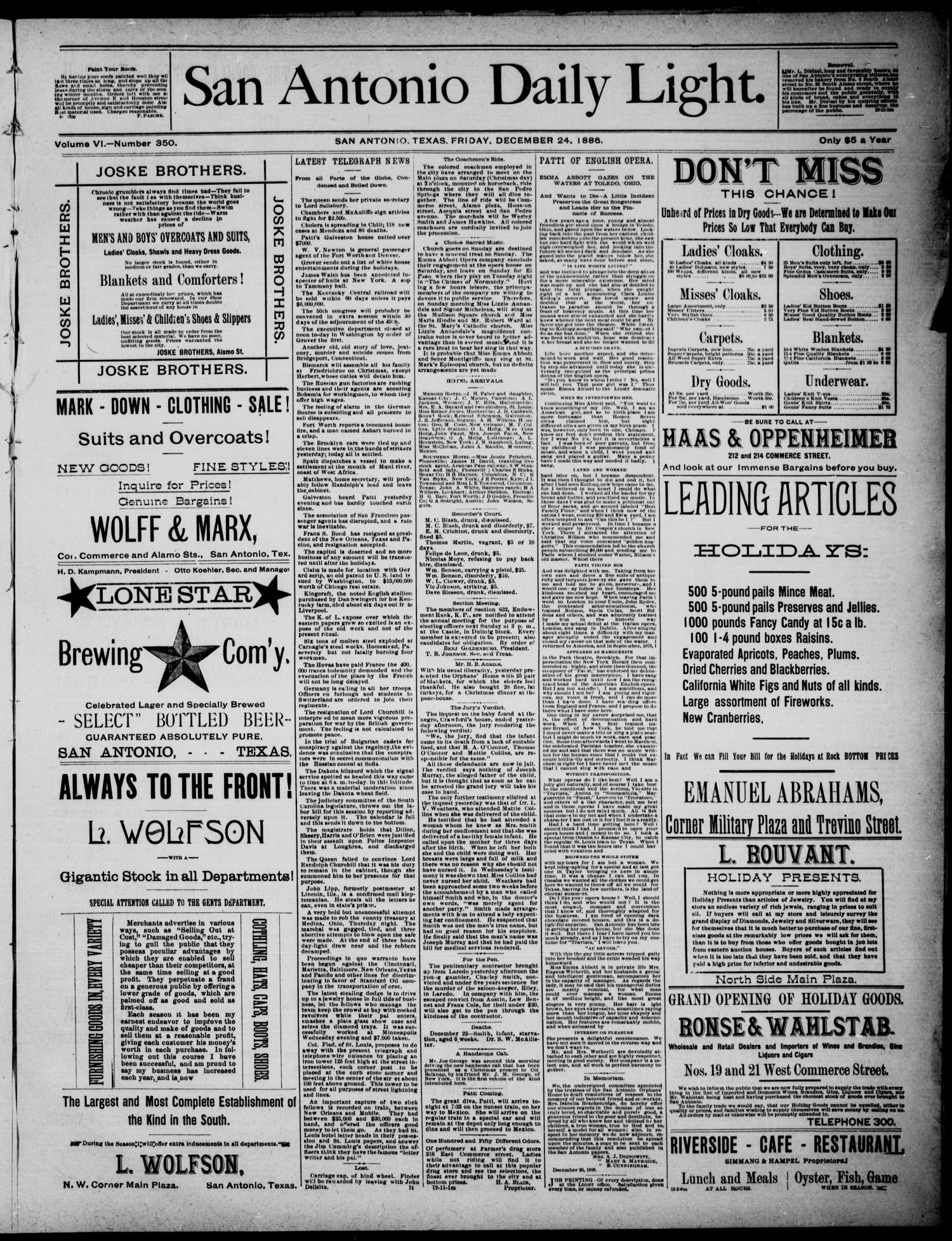 San Antonio Daily Light (San Antonio, Tex.), Vol. 6, No. 350, Ed. 1, Friday, December 24, 1886
                                                
                                                    [Sequence #]: 1 of 4
                                                