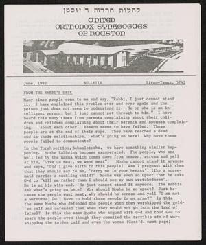 Primary view of object titled 'United Orthodox Synagogues of Houston Bulletin, June 1982'.
