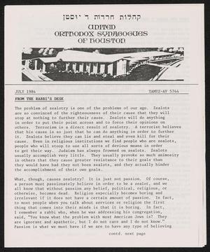 United Orthodox Synagogues of Houston Newsletter, July 1984