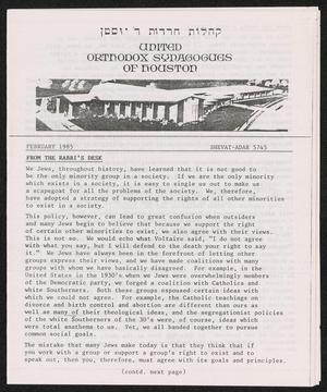 United Orthodox Synagogues of Houston Newsletter, February 1985