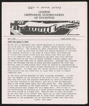 United Orthodox Synagogues of Houston Newsletter, May 1985