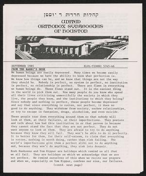 United Orthodox Synagogues of Houston Newsletter, September 1985