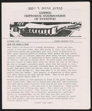 United Orthodox Synagogues of Houston Newsletter, October 1985