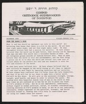 United Orthodox Synagogues of Houston Newsletter, December 1985