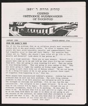 United Orthodox Synagogues of Houston Newsletter, January 1986
