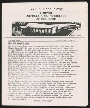 Primary view of object titled 'United Orthodox Synagogues of Houston Newsletter, October 1986'.