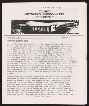United Orthodox Synagogues of Houston Newsletter, February 1987
