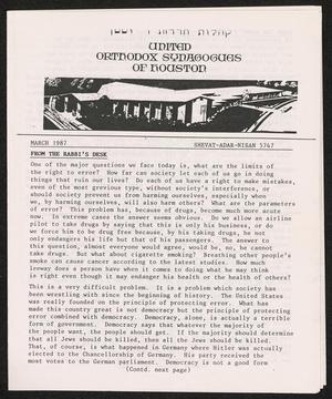 United Orthodox Synagogues of Houston Newsletter, March 1987
