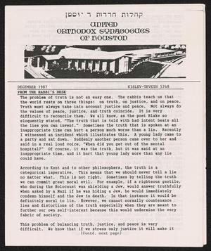 Primary view of object titled 'United Orthodox Synagogues of Houston Newsletter, December 1987'.