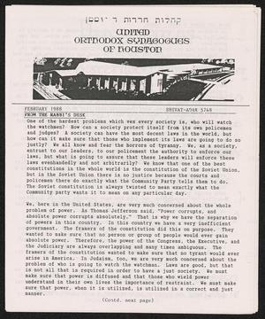 United Orthodox Synagogues of Houston Newsletter, February 1988