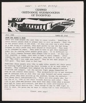 United Orthodox Synagogues of Houston Newsletter, July 1988