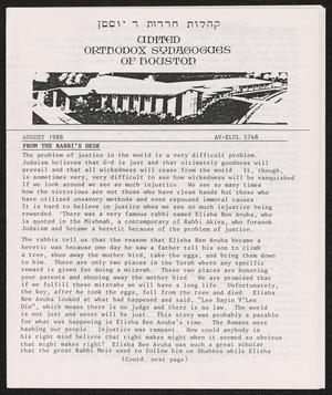 United Orthodox Synagogues of Houston Newsletter, August 1988