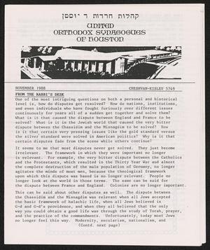 United Orthodox Synagogues of Houston Newsletter, November 1988