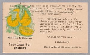 Primary view of object titled '[Postal Card from Borderland Citrus Groves to Harris Leon Kempner, November 14, 1944]'.