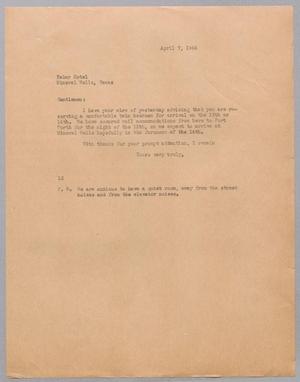 [Letter from I. H. Kempner to the Baker Hotel, April 7, 1944]