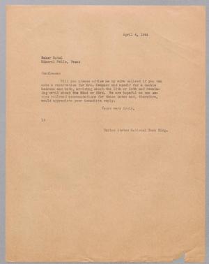 [Letter from I. H. Kempner to the Baker Hotel, April 4, 1944]