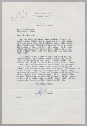 [Letter from Myron G. Blalock to I. H. Kempner, March 20, 1944]